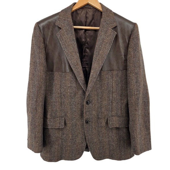 Vintage 80s Union Made Tweed & Leather Sport Coat‎ Blazer Brown Wool USA 46R